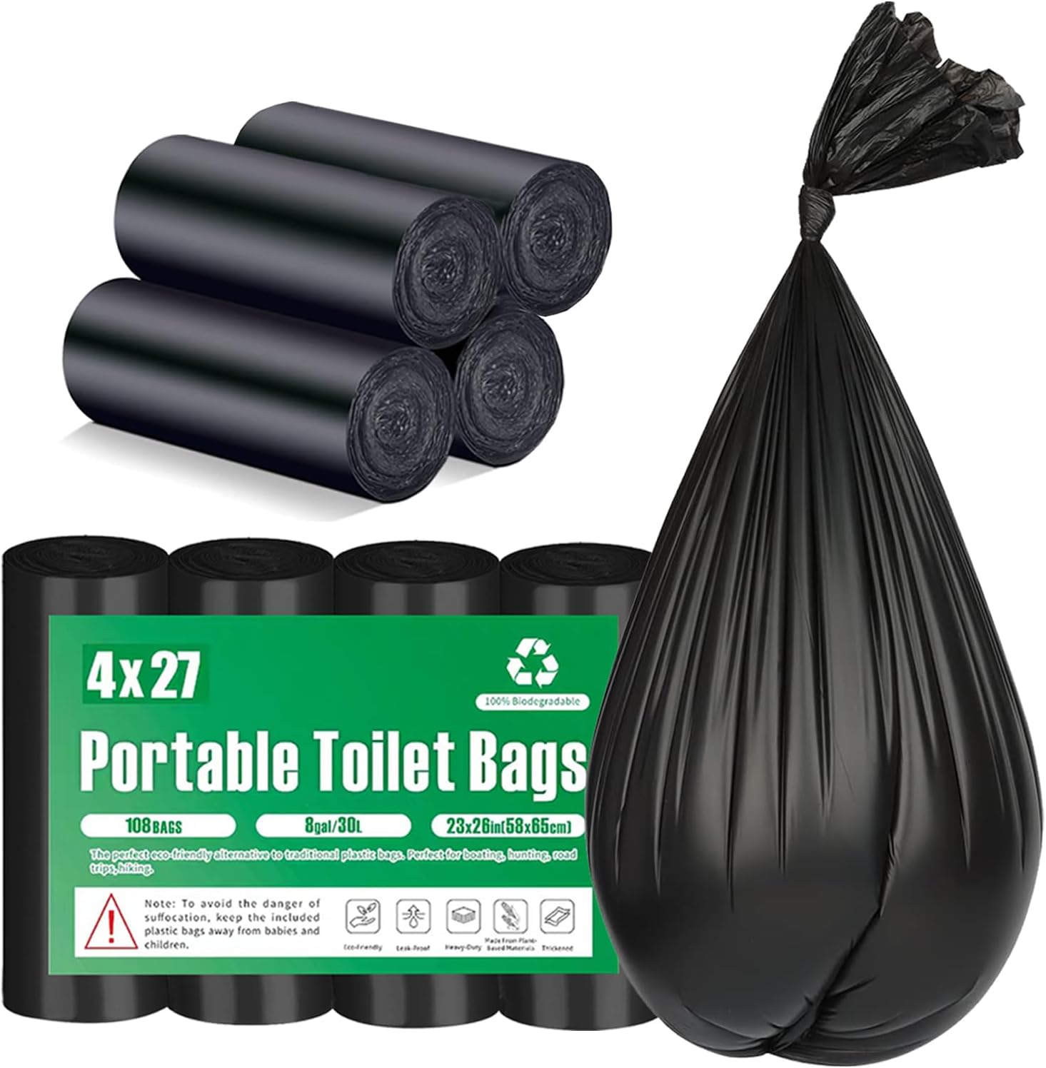 108 Portable Toilet Bags, TALTBREX 8 Gallon Biodegradable Camping Toilet Bags for Portable Potty, Thickened