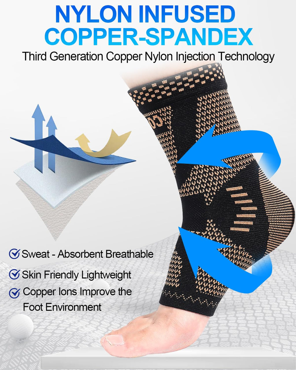 Copper Ankle Brace for Men & Women, Ankle Compression Sleeve 1 Pair