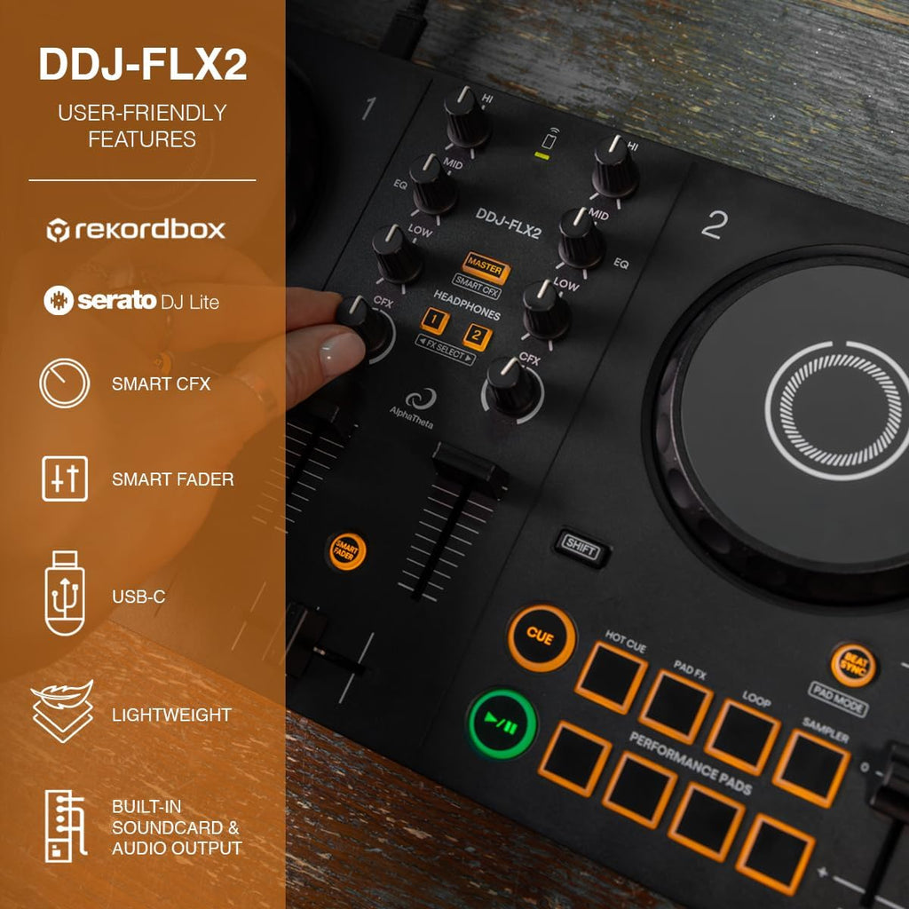 DDJ-FLX2 Compact 2-Channel DJ Controller, Smart Fader, USB-C | Start DJing faster with an included DJ course