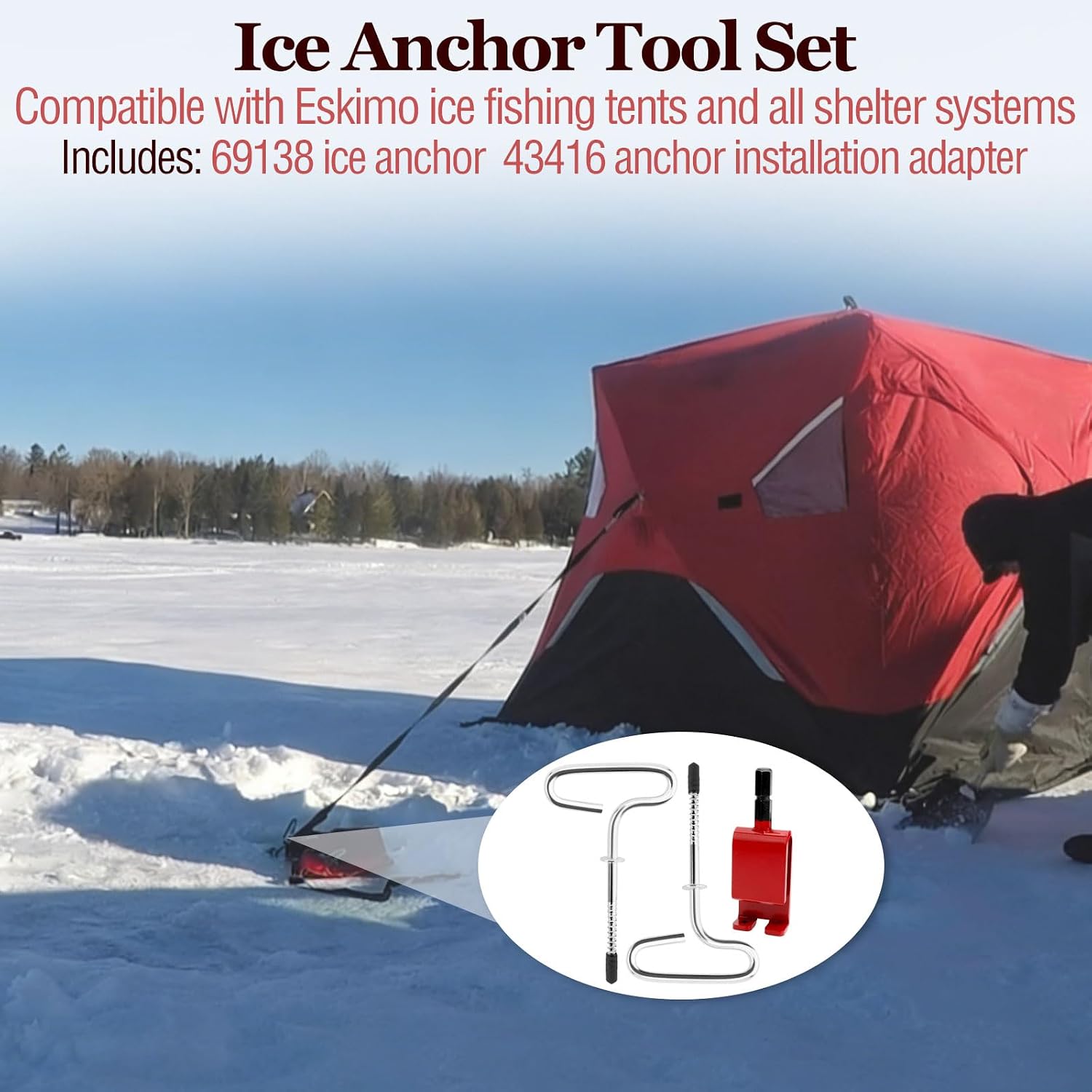 69138 Ice Shelter Anchors and 43416 Anchor Install Adapter | Ice Anchor Tool Kit Compatible with Eskimo ice fishing