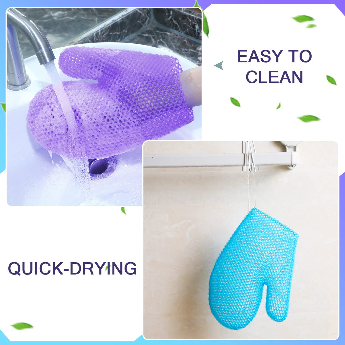 2 Pcs Honeycomb Bath Mitt Exfoliating Glove,Blue,Purple
