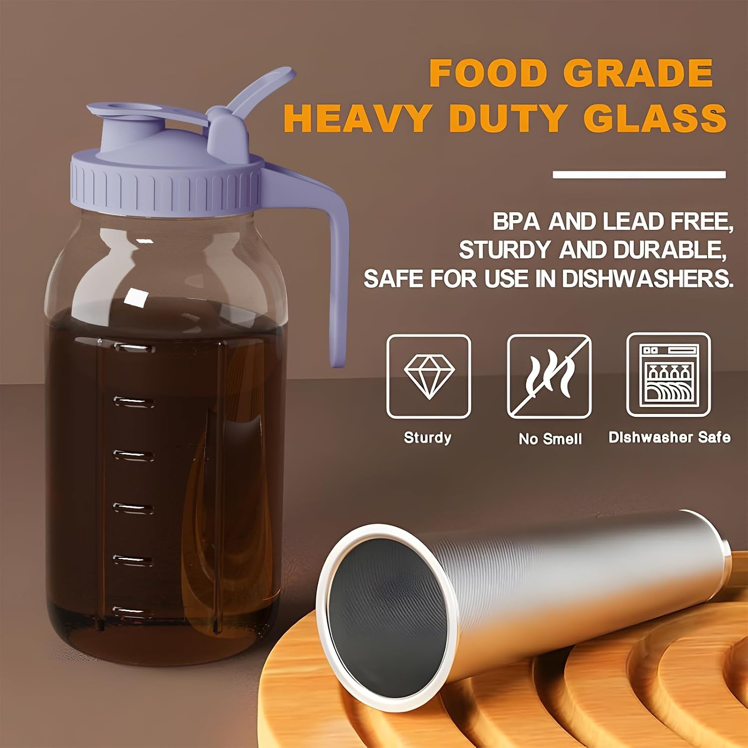 Cold Brew Coffee Maker, 64 oz Glass Mason Pitcher | 100μm stainless steel filter, wide mouth design, leak-proof lid