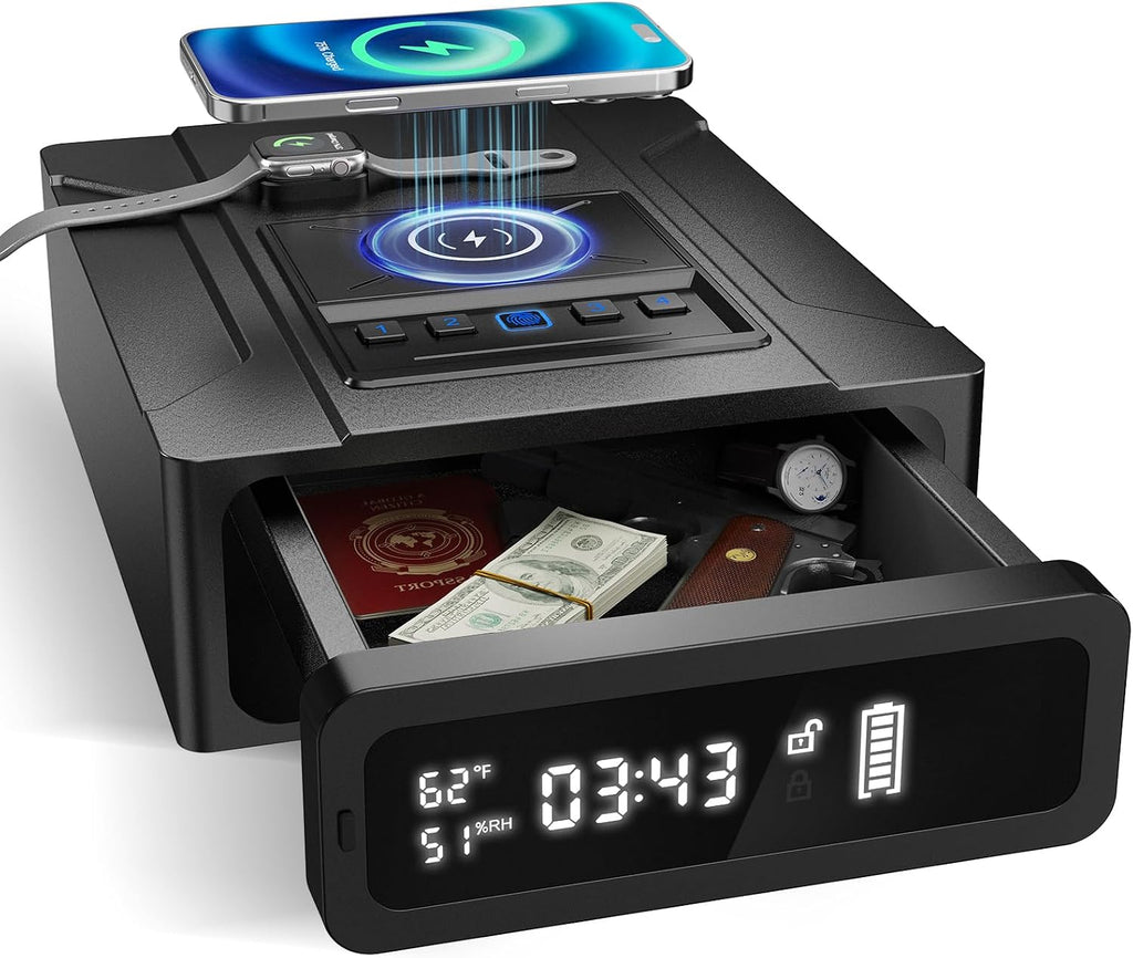 Bedside Gun Safe with Wireless Charging - Biometric Safe with Fast Fingerprint, Backup Key & USB-C Emergency Unlock