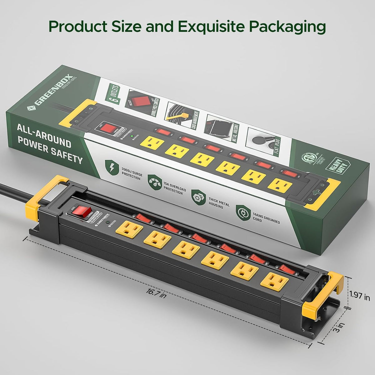 6 Outlet Heavy Duty Surge Protector Power Strip with Individual Switches | 3300J Surge Protection, Recessed Switch