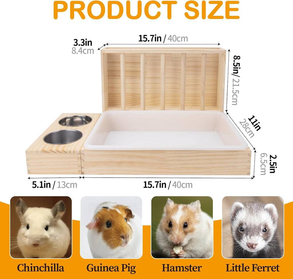3 in 1 Rabbit Hay Feeder with Litter Box,Wooden Hay Feeder with 2 Bowls & Litter Box for Guinea Pig Chinchilla Bunny