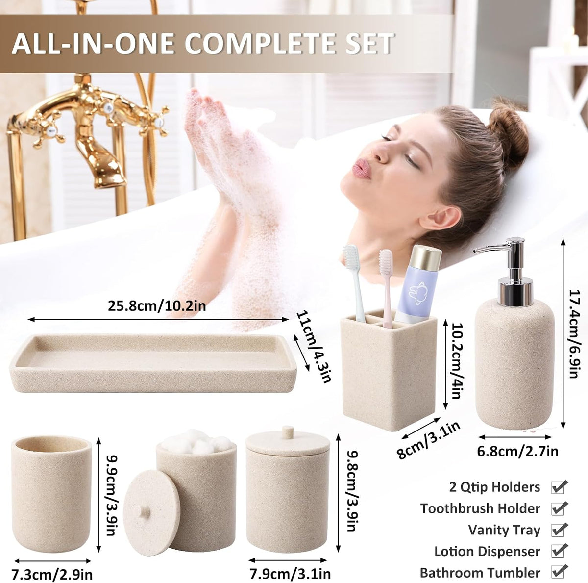 Resin Beige 6 Pcs Bathroom Set Complete with Toothbrush Holder, Lotion Soap Dispenser, 2 Qtip Holder