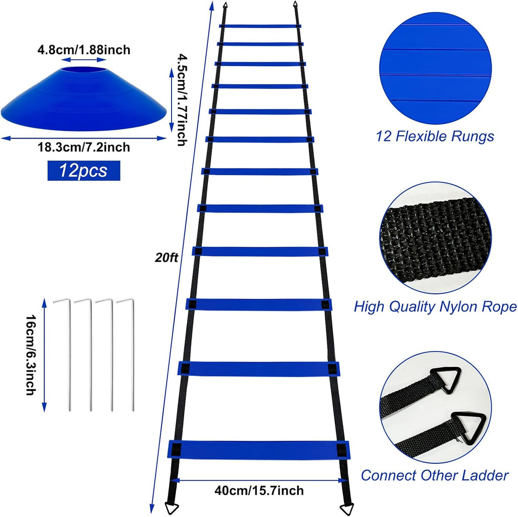 Professional Agility Ladder Speed Training Equipment Set-20ft Agility Ladder,12 Soccer Cones, 4 Agility Hurdles