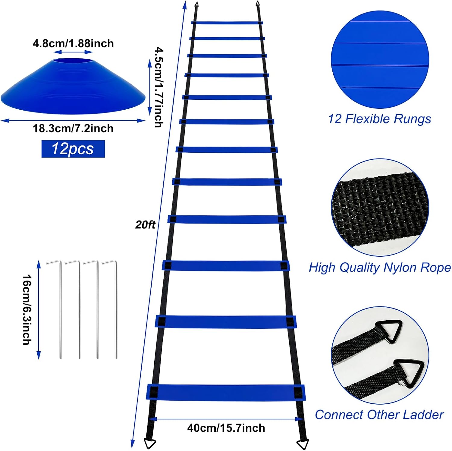 Professional Agility Ladder Speed Training Equipment Set-20ft Agility Ladder,12 Soccer Cones, 4 Agility Hurdles