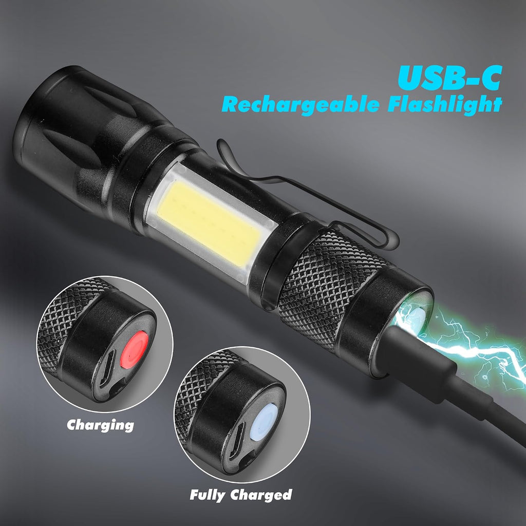 4 Pack Rechargeable Flashlights Zoomable mini Small Bright Clip-On Light EDC Flash Light with Side COB Light for