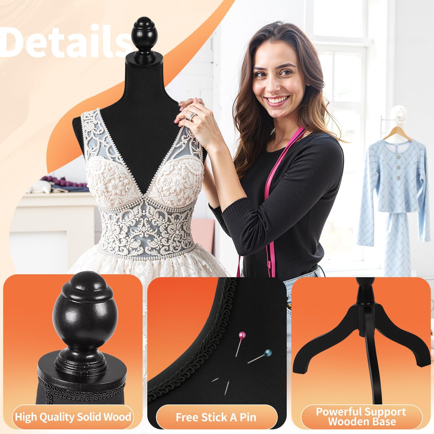 Female Mannequin Torso | Black | with 7" Height Adjustment | High-Density Foam with Wood Tripod Stand | Secure Fit