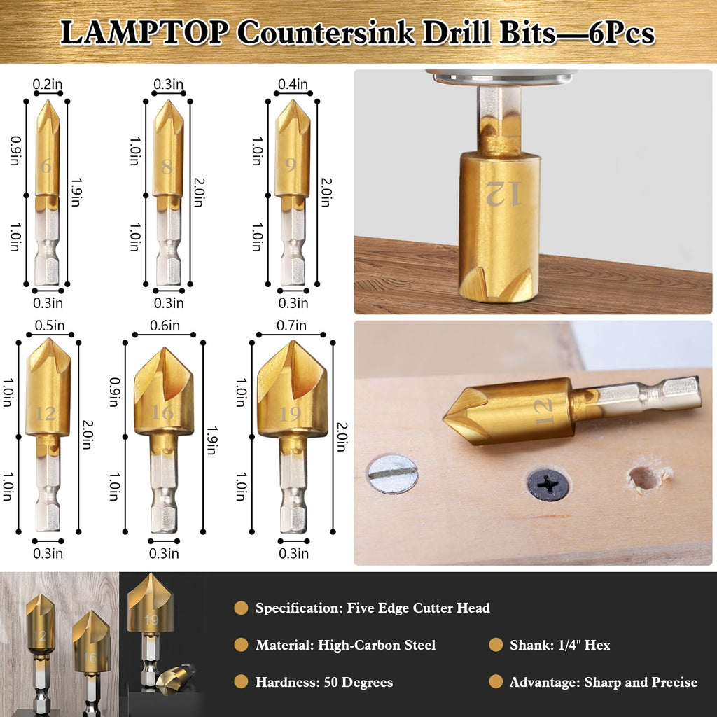 LAMPTOP 47 Pcs Woodworking Tools and Accessories Countersink Drill Bit Set