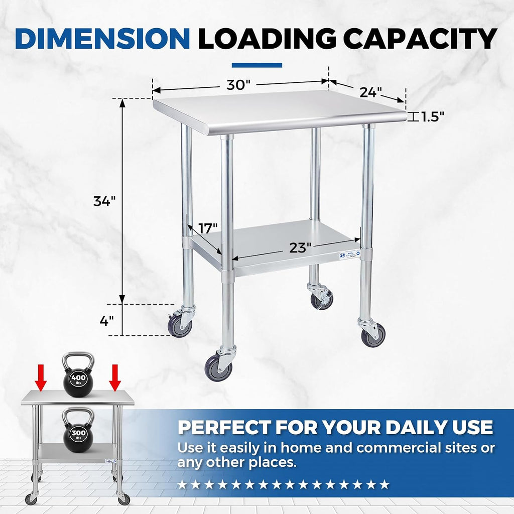 Stainless Steel Table with Wheels 24x30 Inch, NSF Commercial Kitchen Prep & Work Table with Undershelf and Galvanized