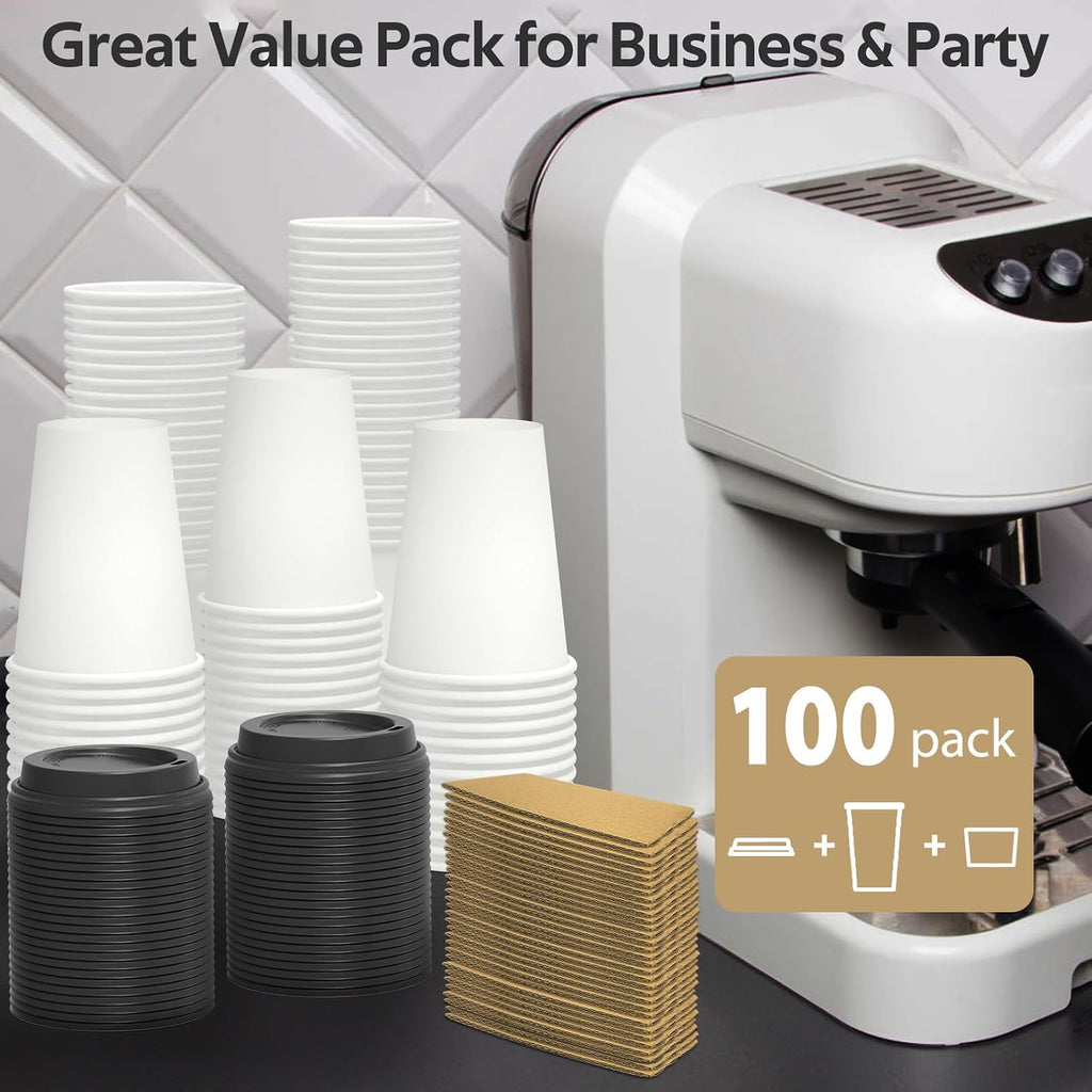 100 Pack 12 oz Disposable Coffee Cups with Sip Lids and Sleeves