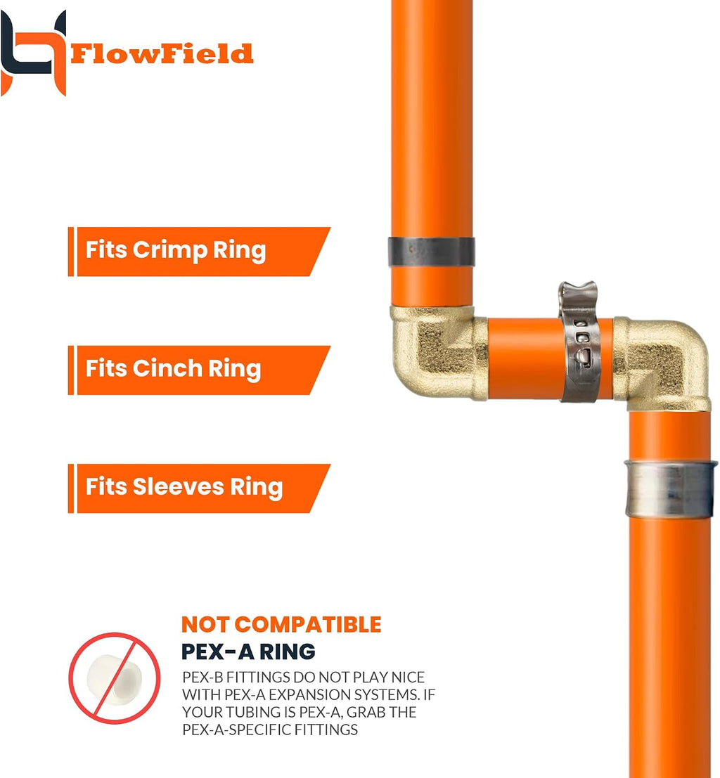 FlowField 1/2 Pex-B Brass Fittings Drop Ear Elbow, Tee, Coupling, Set, for PEX Piple Plumbing (1/2 Elbow, 30)