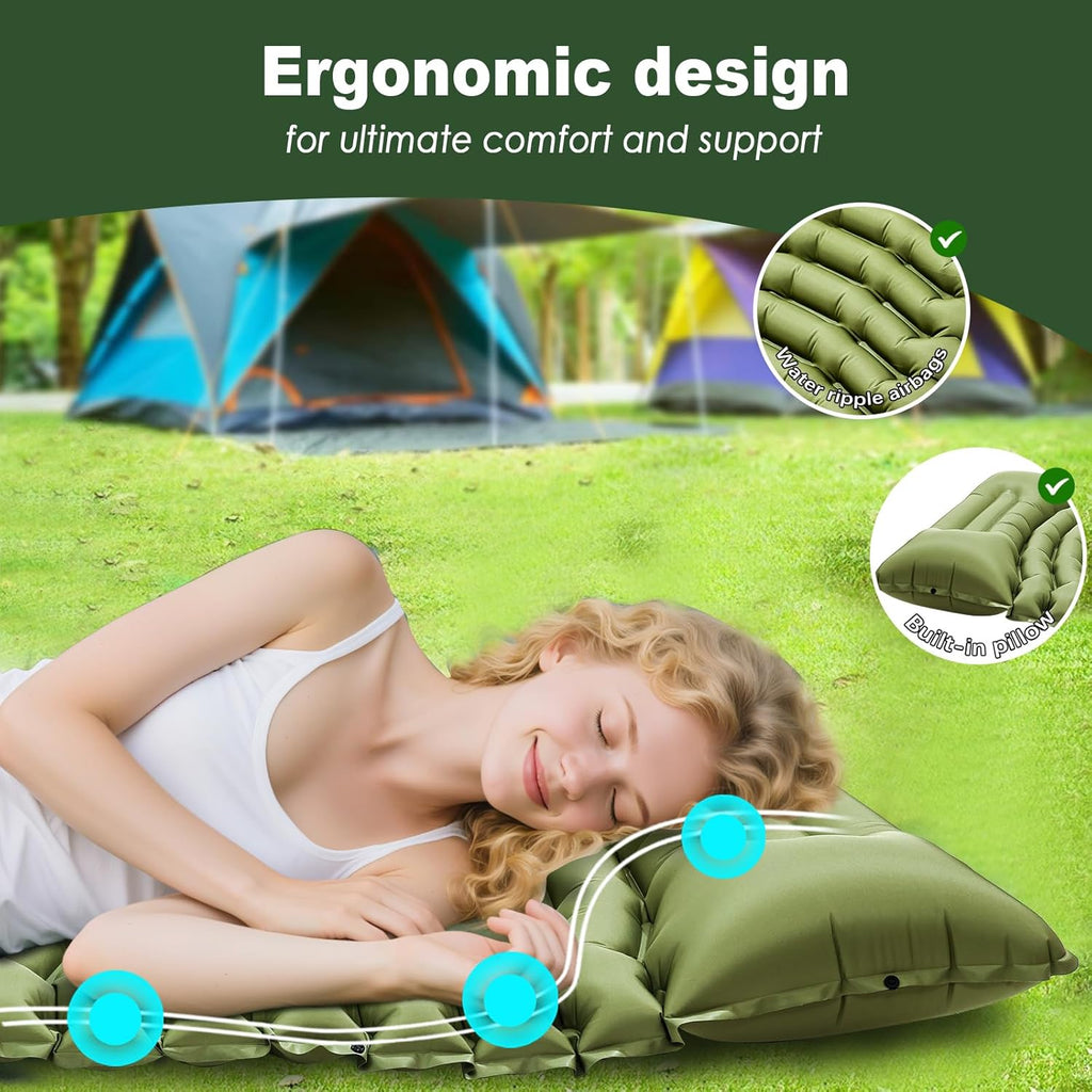 Ultralight Camping Sleeping Pad with Pillow & Built-in Foot Pump | Camping Mattress, Compact Inflatable Portable Mat