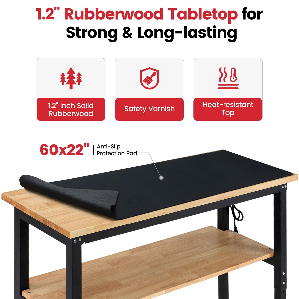 60" Heavy Duty Workbench, Adjustable Height Garage Work Bench with Solid Rubberwood Top, Storage Shelf & Power
