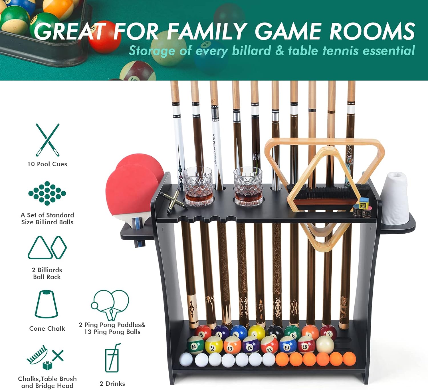 Pool Cue Rack Holder, 10 Cue Stick Stand with Billiard Accessories Storage | Multi-Functional Pool Stick & Billiard