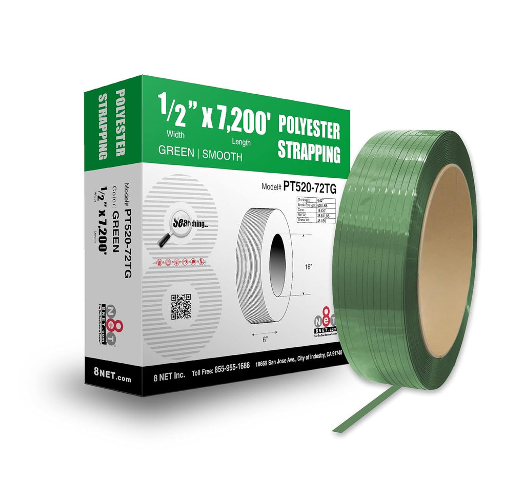 8NET 1/2'' Width x 7200 Length Polyester PET Strapping, Thickness: 0.020'', Break Strength: 600 lbs, Core: 16x6''