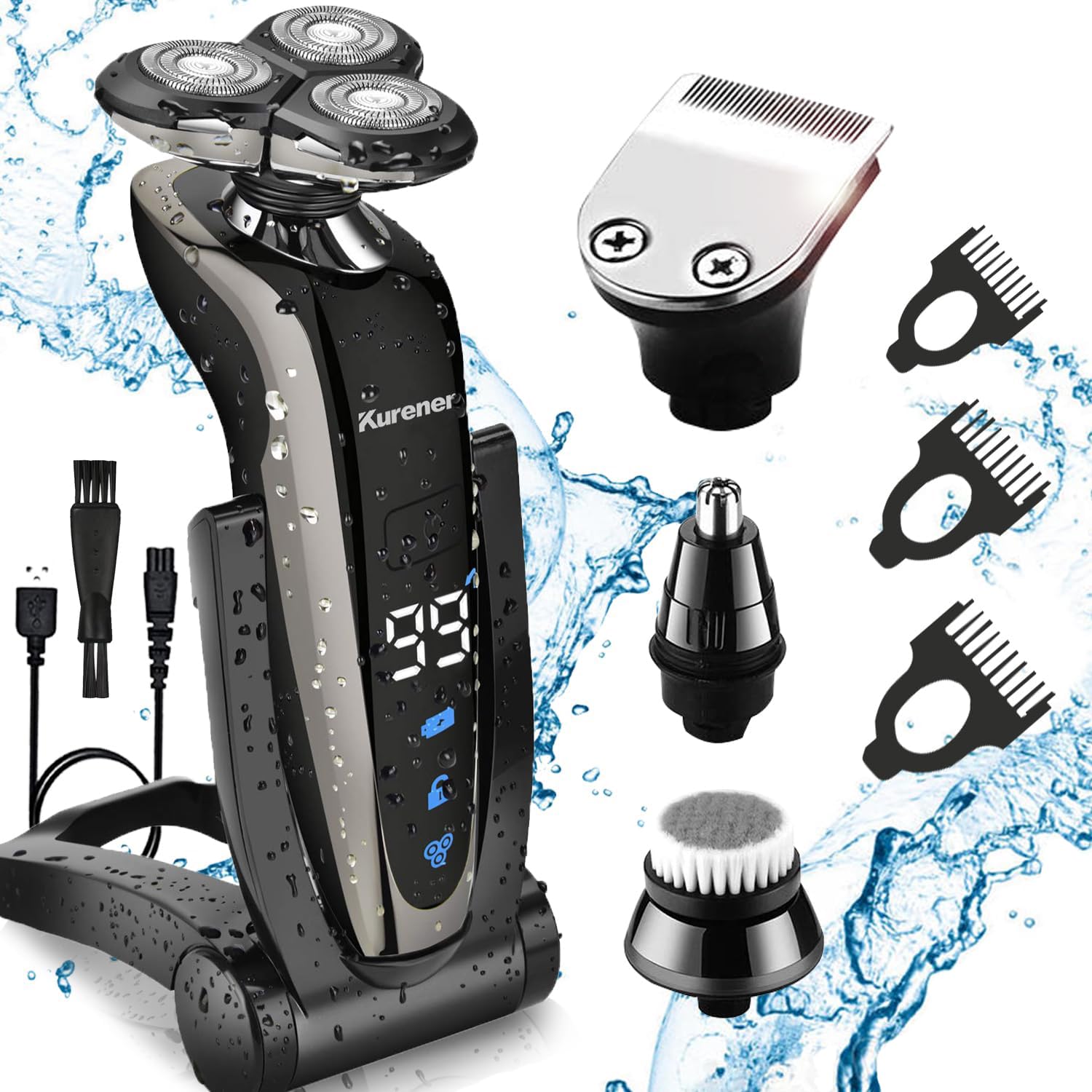 Electric Shaver Razor for Men Rechargeable 100% Waterproof Rotary for Shaving with Nose Trimmer Sideburns Trimmer