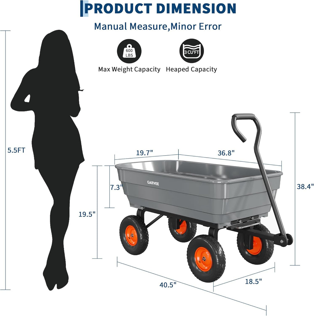 Poly Garden Dump Cart, 600 lb Wheelbarrow Yard Cart with 10 in Wheels, Quick-Dump & Towable Utility Wagon for Yard