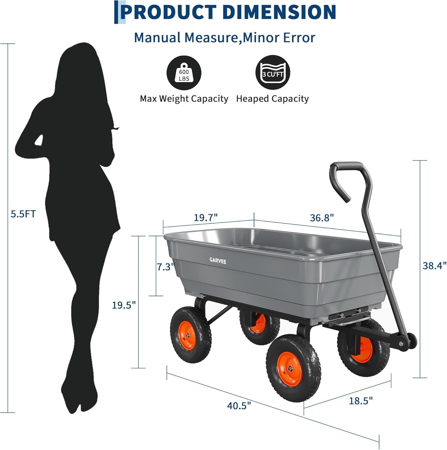 Poly Garden Dump Cart, 600 lb Wheelbarrow Yard Cart with 10 in Wheels, Quick-Dump & Towable Utility Wagon for Yard