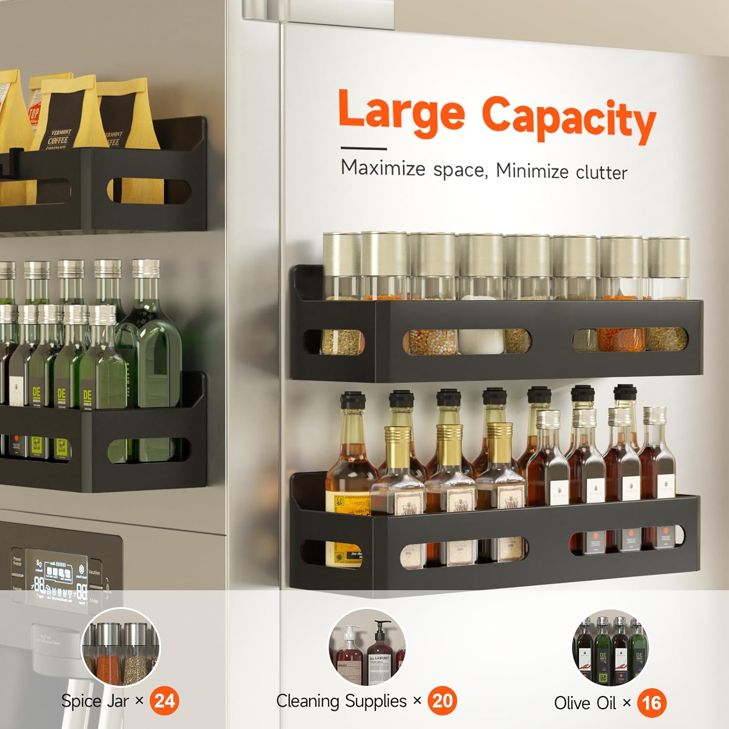 4 Pack Strong Magnetic Spice Rack for Refrigerator, Multipurpose Magnetic Shelf for Fridge with 4 Hooks for Kitchen
