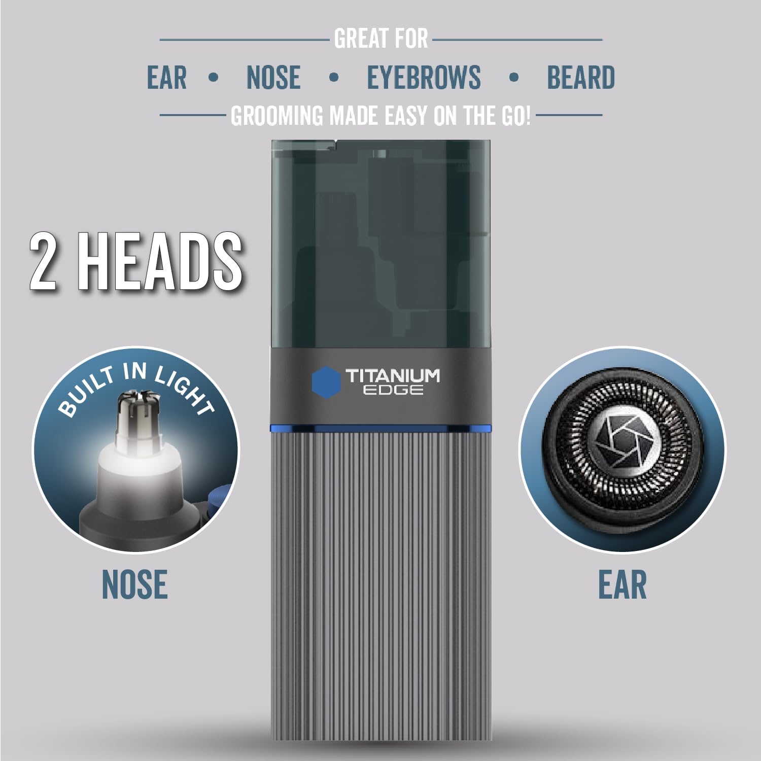 Titanium Edge Ear & Nose Trimmer | Titanium-coated ear & nose trimmer with dual blades, built-in light, and
