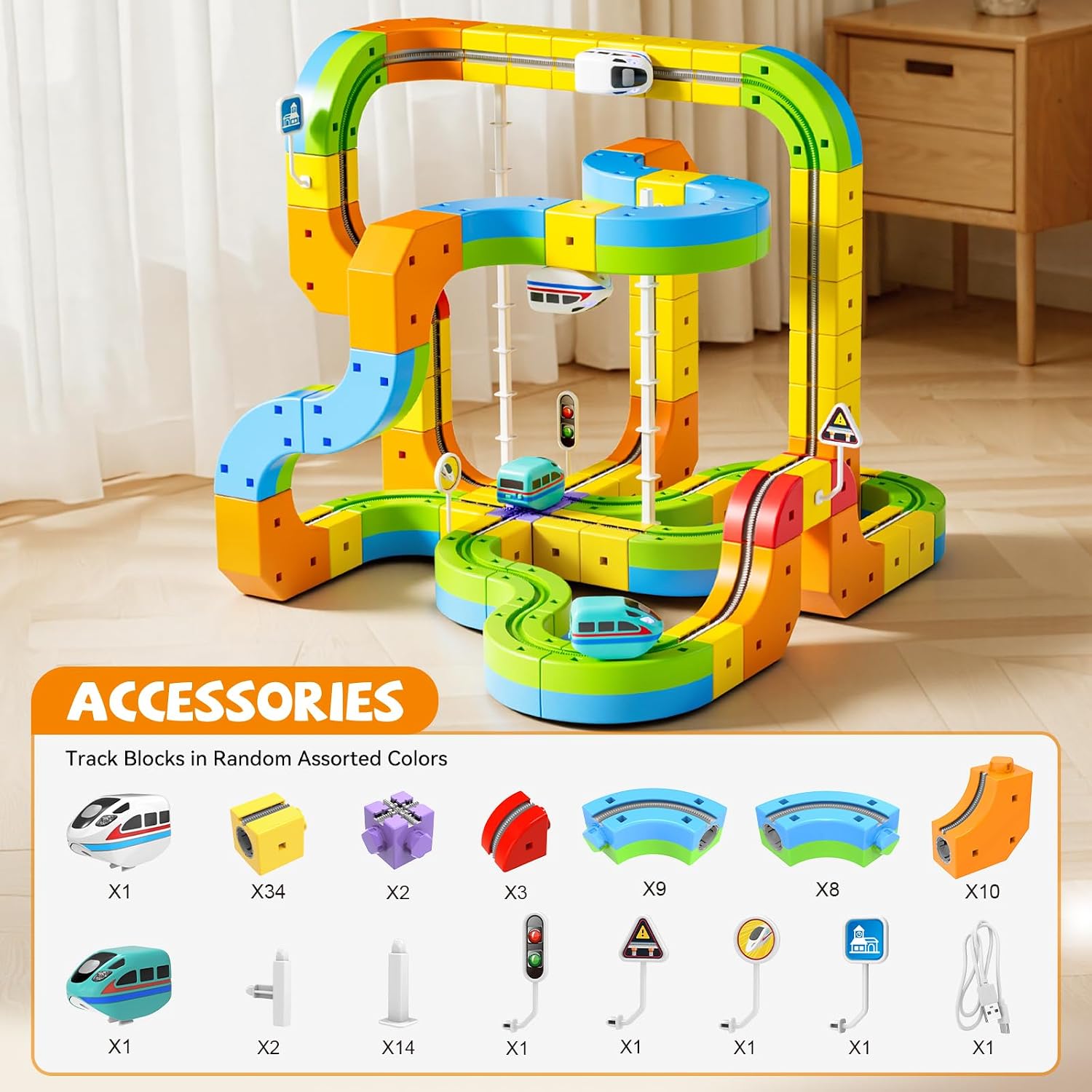 Electric Train Set, 3D Cube Track-DIY Rail Cube Block Kit | 3D Gravity-Defying Motorized Train Tracks, STEM