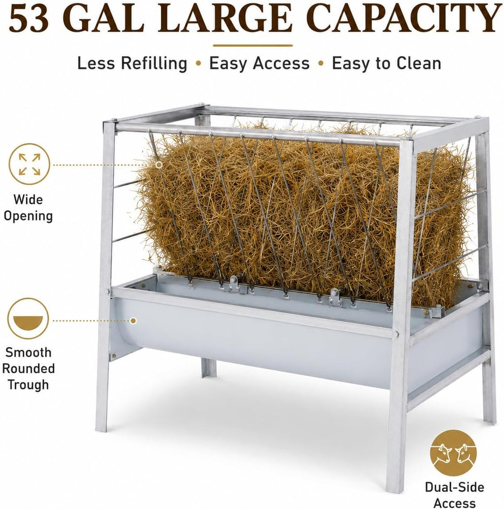 Hay Feeder 53 Gal, 2-in-1 Livestock Hay Rack and Grain Trough, Heavy-Duty Hay Grain Livestock Feeder with Dual