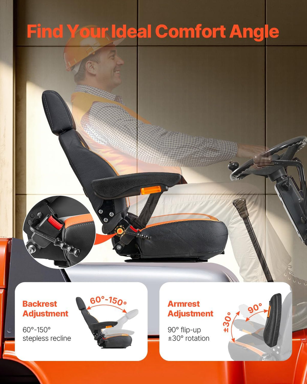 Universal Forklift Seat, Tractor Seat with Adjustable Back, Armrest, Headrest & Safety Belt, Secure Tractor Seat with