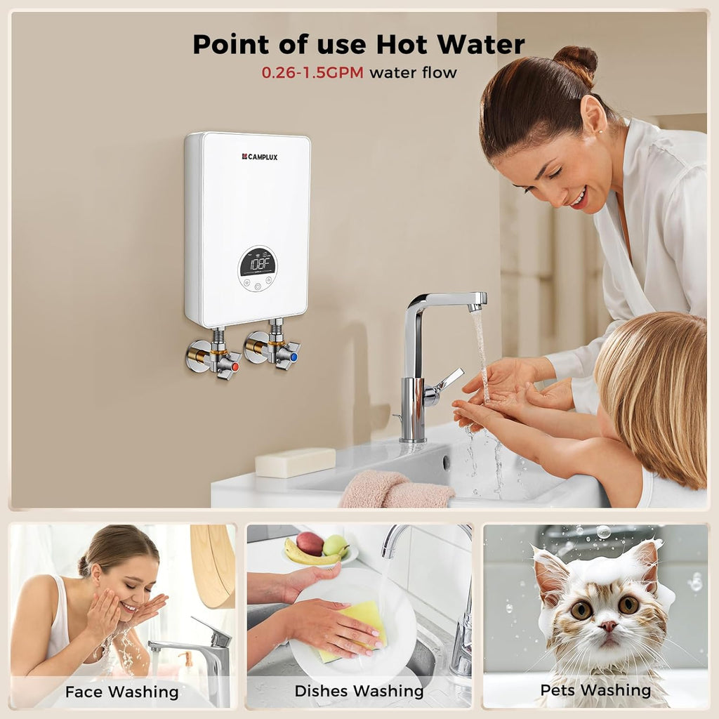 CAMPLUX Tankless Water Heater Electric 4.5kW 110~120V Small Instant Hot Water Heater, Point-of-Use, Save Space for