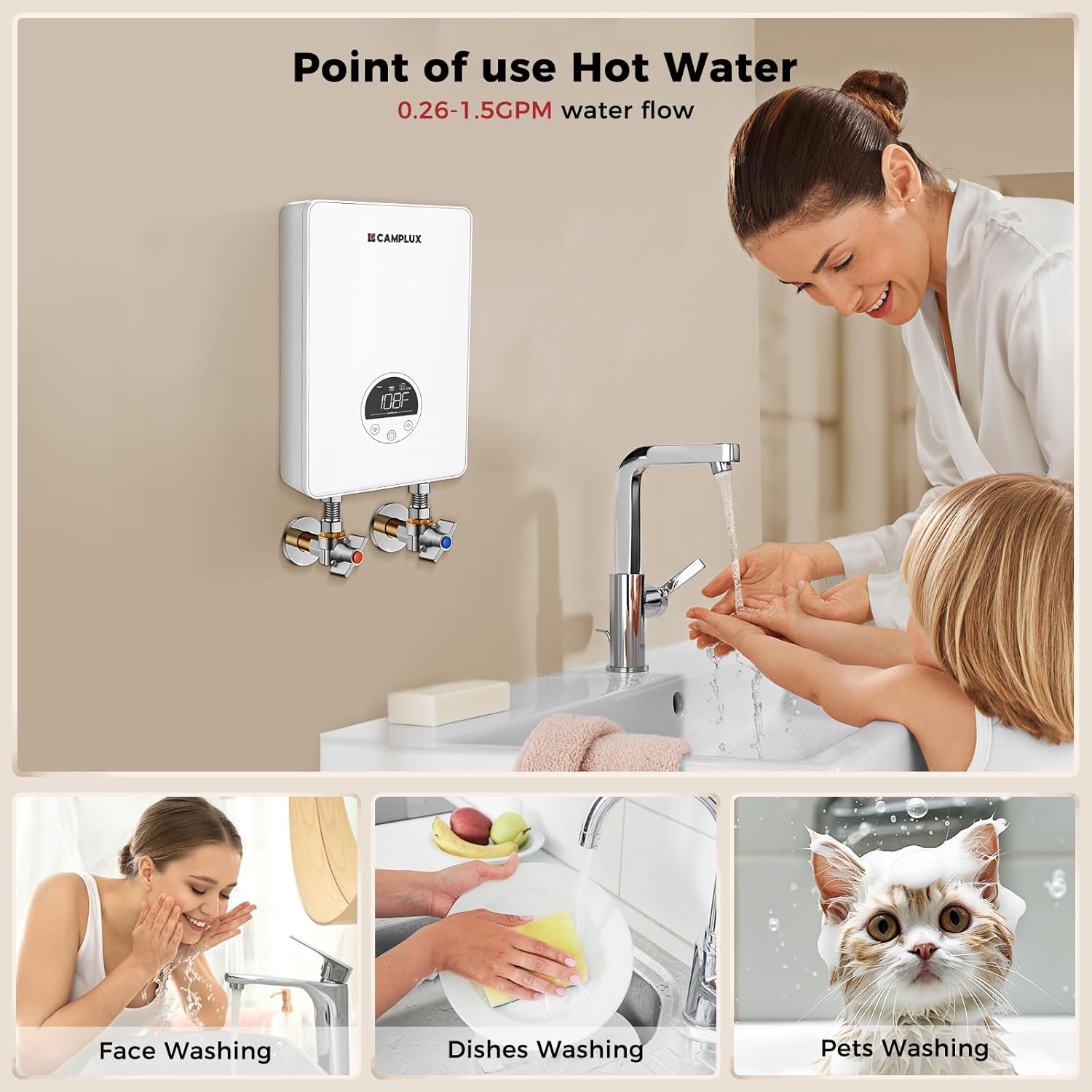 CAMPLUX Tankless Water Heater Electric 4.5kW 110~120V Small Instant Hot Water Heater, Point-of-Use, Save Space for