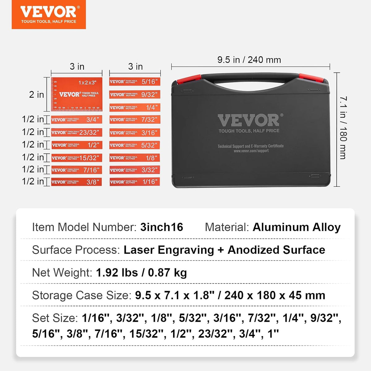VEVOR Router Table Setup Bars, 14 pcs, Precision Aluminum Setup Blocks Height Gauge Set, with Laser Engraved Size Markings Storage Case, Measuring Depth Height Angle, for Router Table Saw Accessories