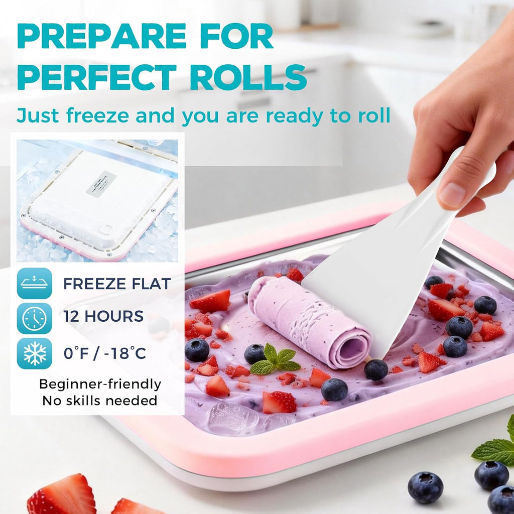 Rolled Ice Cream Maker with Quick Start Guide - DIY Instant Ice Cream Tray Kit, Includes 2 Scrapers for Manual