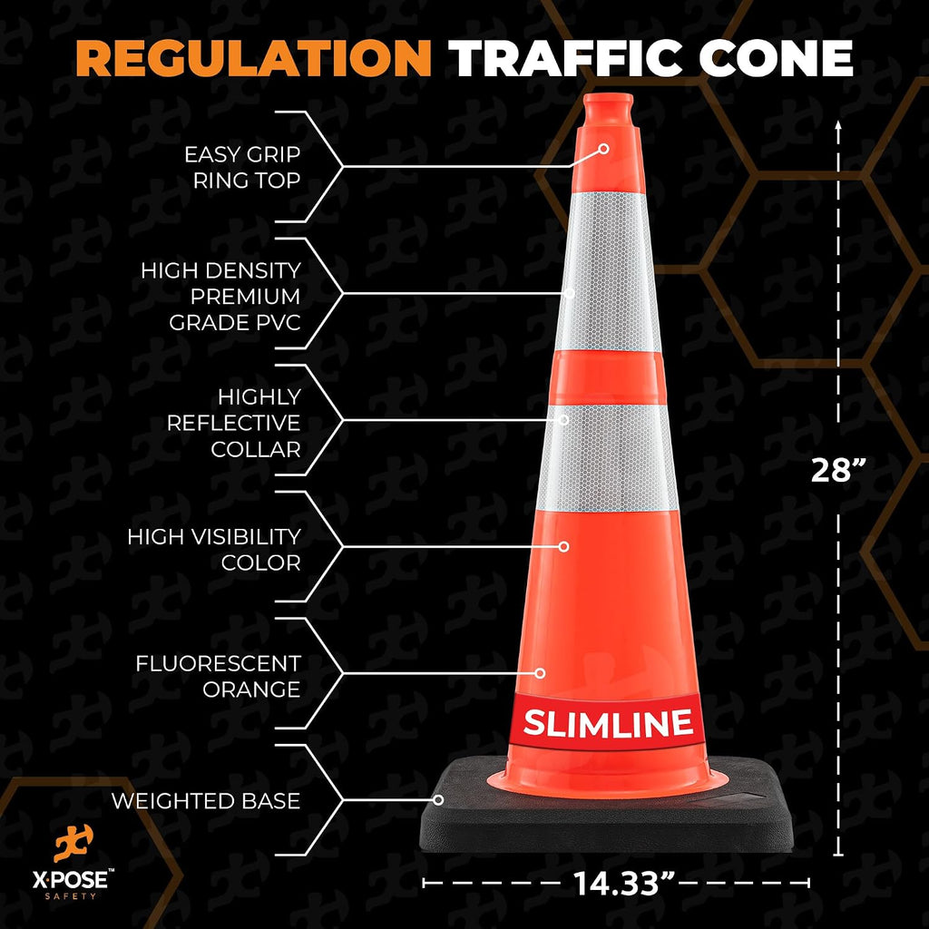 28 Inch Orange Slim Line Traffic Cones | Heavy Duty 10lb with 6" & 4" Collars, 4 Pack Multipurpose PVC Plastic Safety