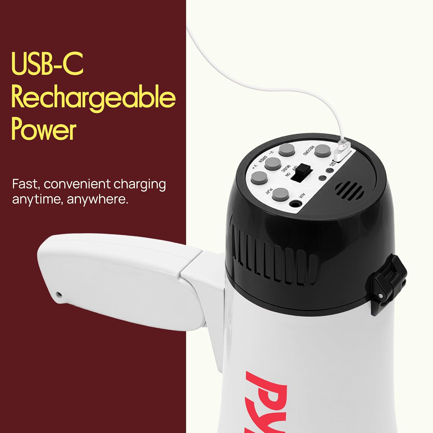 Rechargeable Bullhorn Megaphone with Voice Recording, AUX Input & Siren, USB-C Fast Charging, 1200-Yard Voice Range
