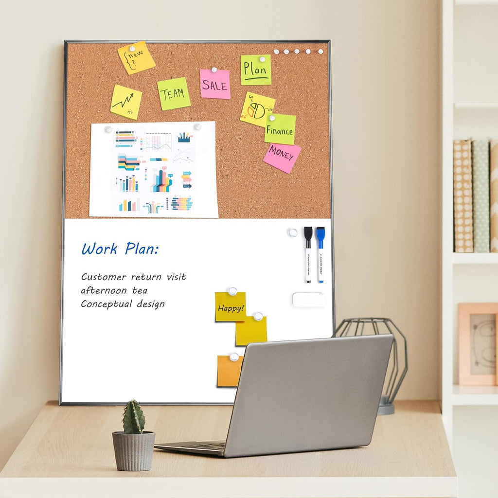 Cork Board White Board Combo, 24 x 18 Inch Bulletin Board, Magnetic Dry Erase Board & Corkboard for Wall, Vision