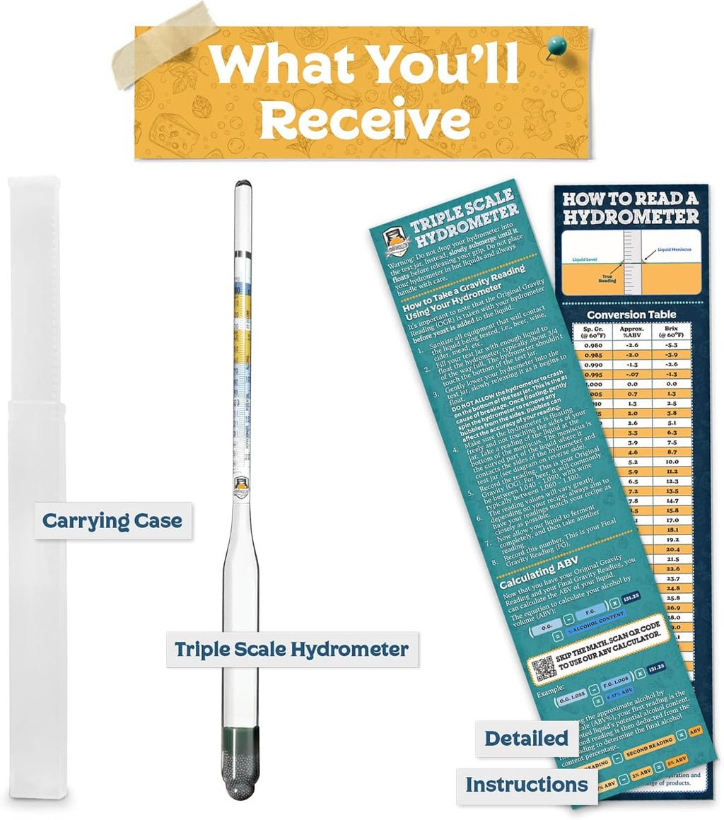 Triple Scale Hydrometer – Measure and Monitor Specific Gravity, Brix, Potential Alcohol, and ABV in Wine, Beer, Mead