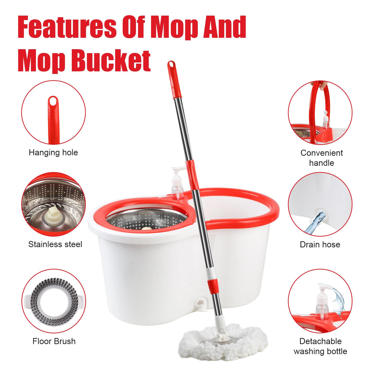 Spin Mop and Bucket with Wringer Set, 6 Microfiber Mop Heads, 61" Handle