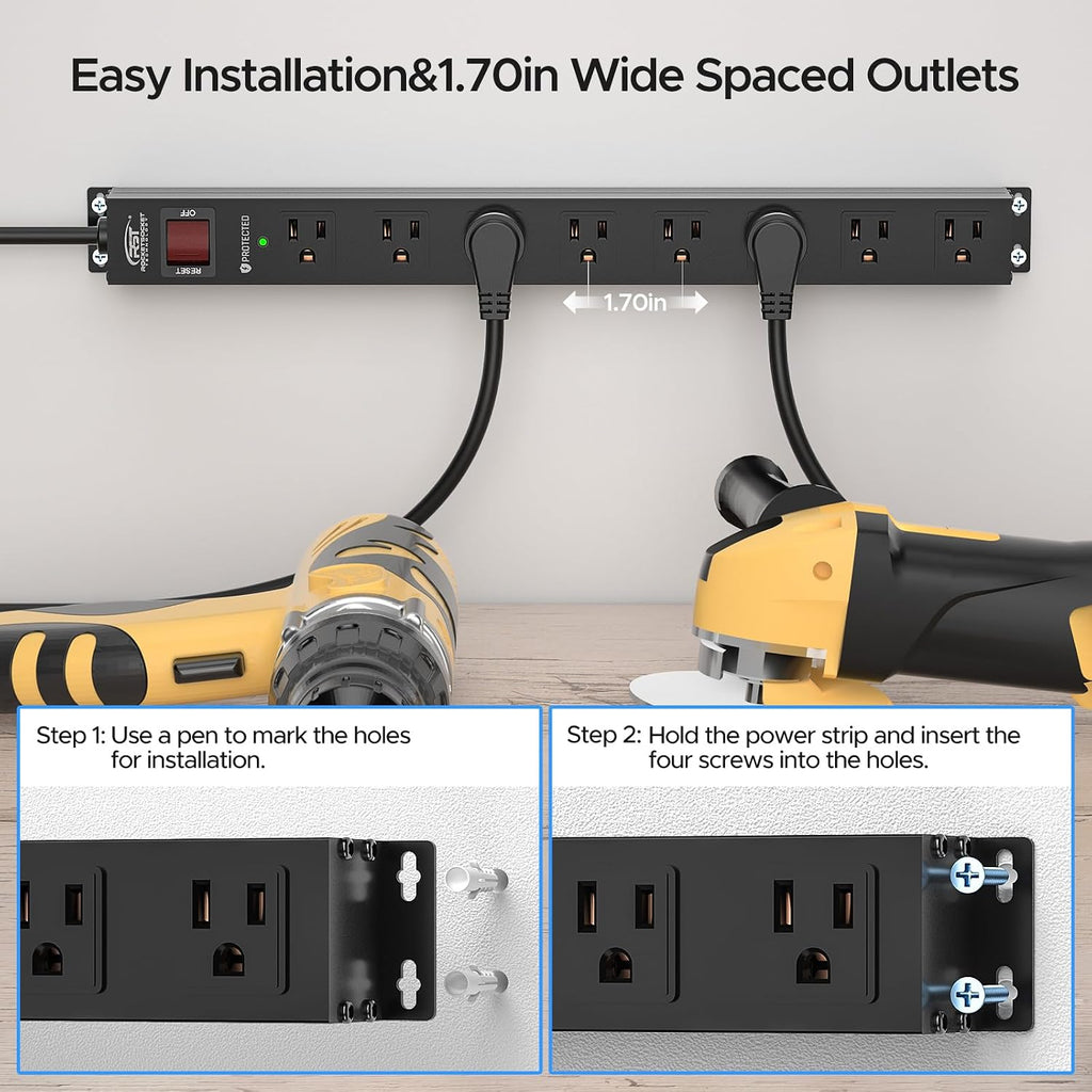 8 Outlet Metal Heavy Duty Power Strip, 15A/1875W | 2100J Surge Protector with 6FT Cord, Wide Spaced Mountable