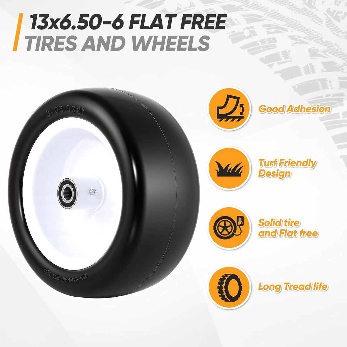 13x6.50-6 Flat Free Lawn Mower Tires and Wheels, 1/2" 3/4" 5/8" Ball Bearings, 13x6.5x6 Zero Turn Mower Front Tires