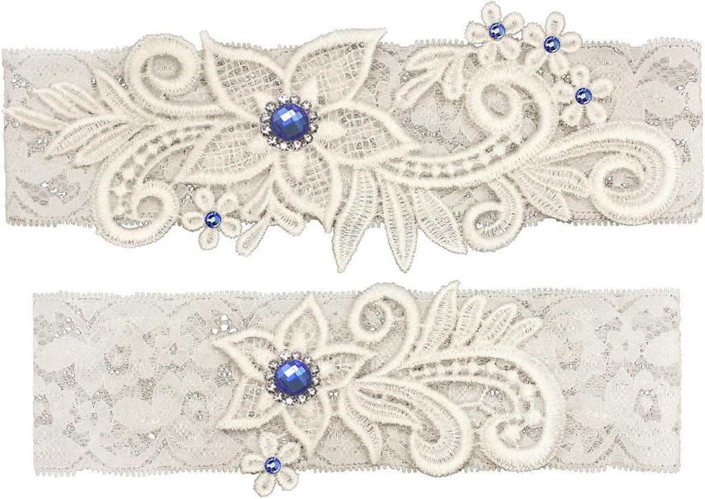 Wedding Garters for Bride Bridal Lace Garter Set with Blue Rhainstone Crystal