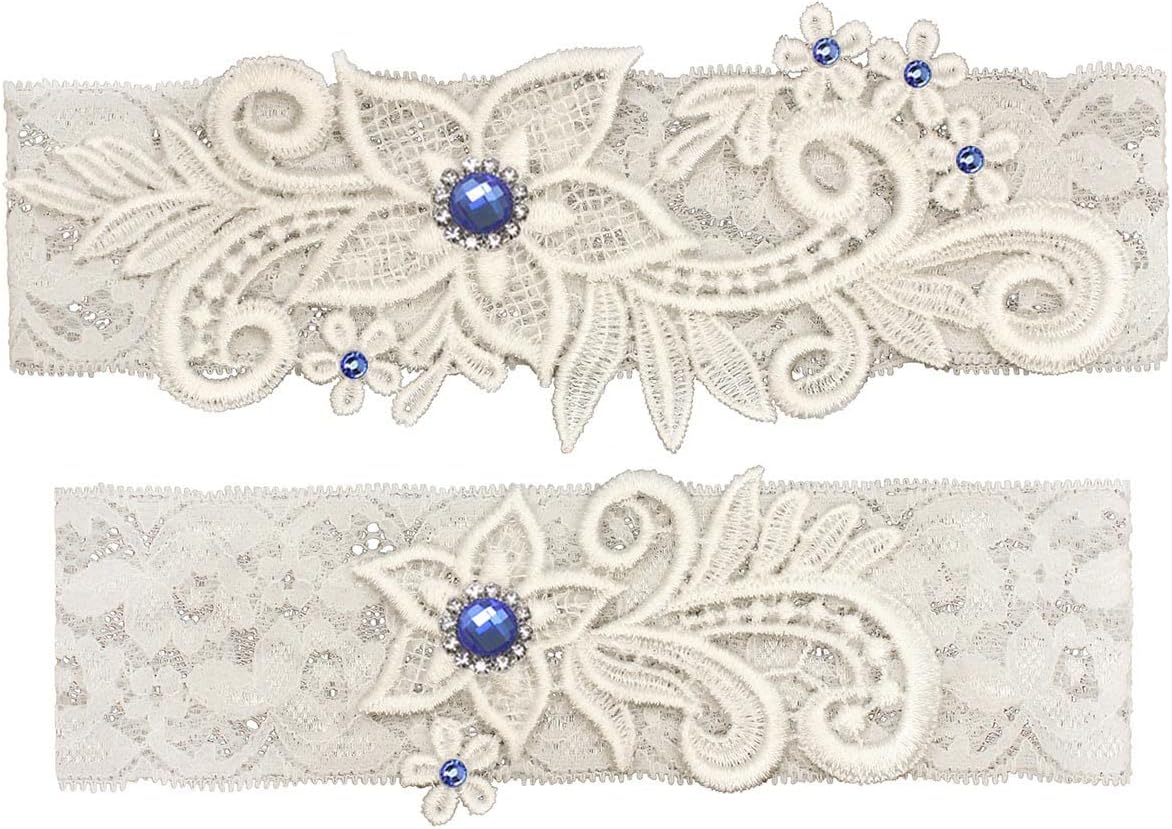 Wedding Garters for Bride Bridal Lace Garter Set with Blue Rhainstone Crystal