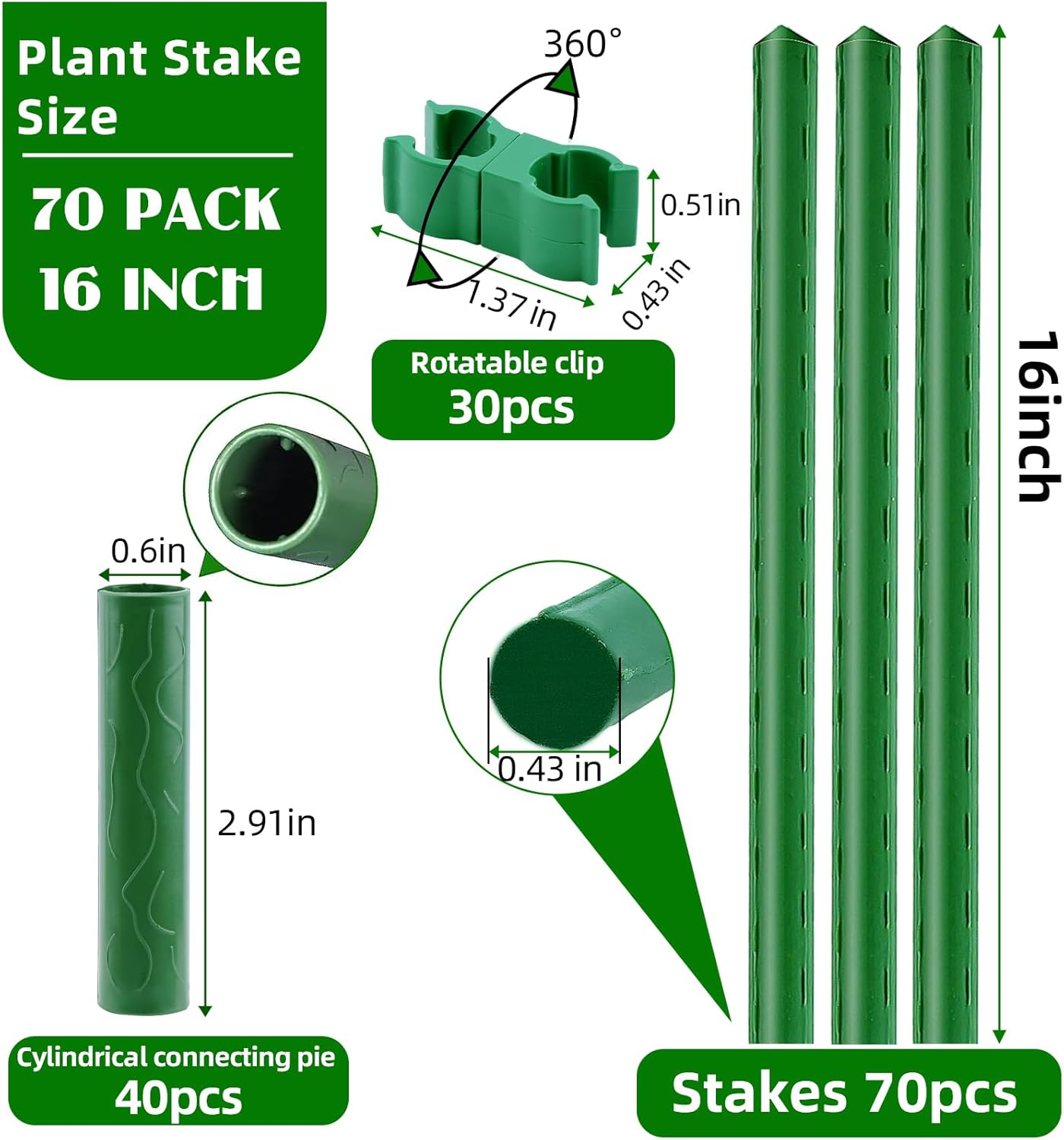 Garden Stakes 16 Inch 70 Pack, Diy 4ft 5ft 6ft 7ft 8ft Tomato Stakes Plastic Coated Metal Plant Sticks Stakes