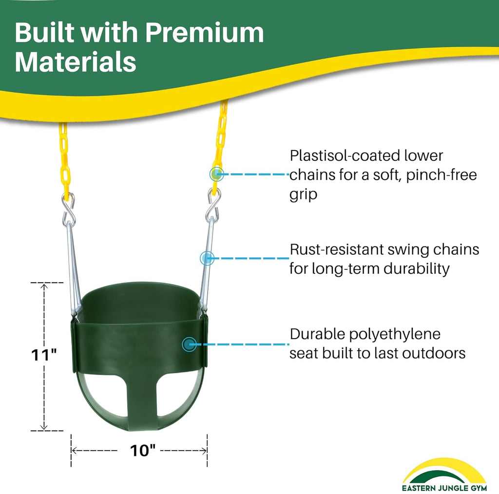 Heavy-Duty High Back Full Bucket Toddler Swing Seat | Coated Swing Chains Fully Assembled | Green Swing Set Accessory