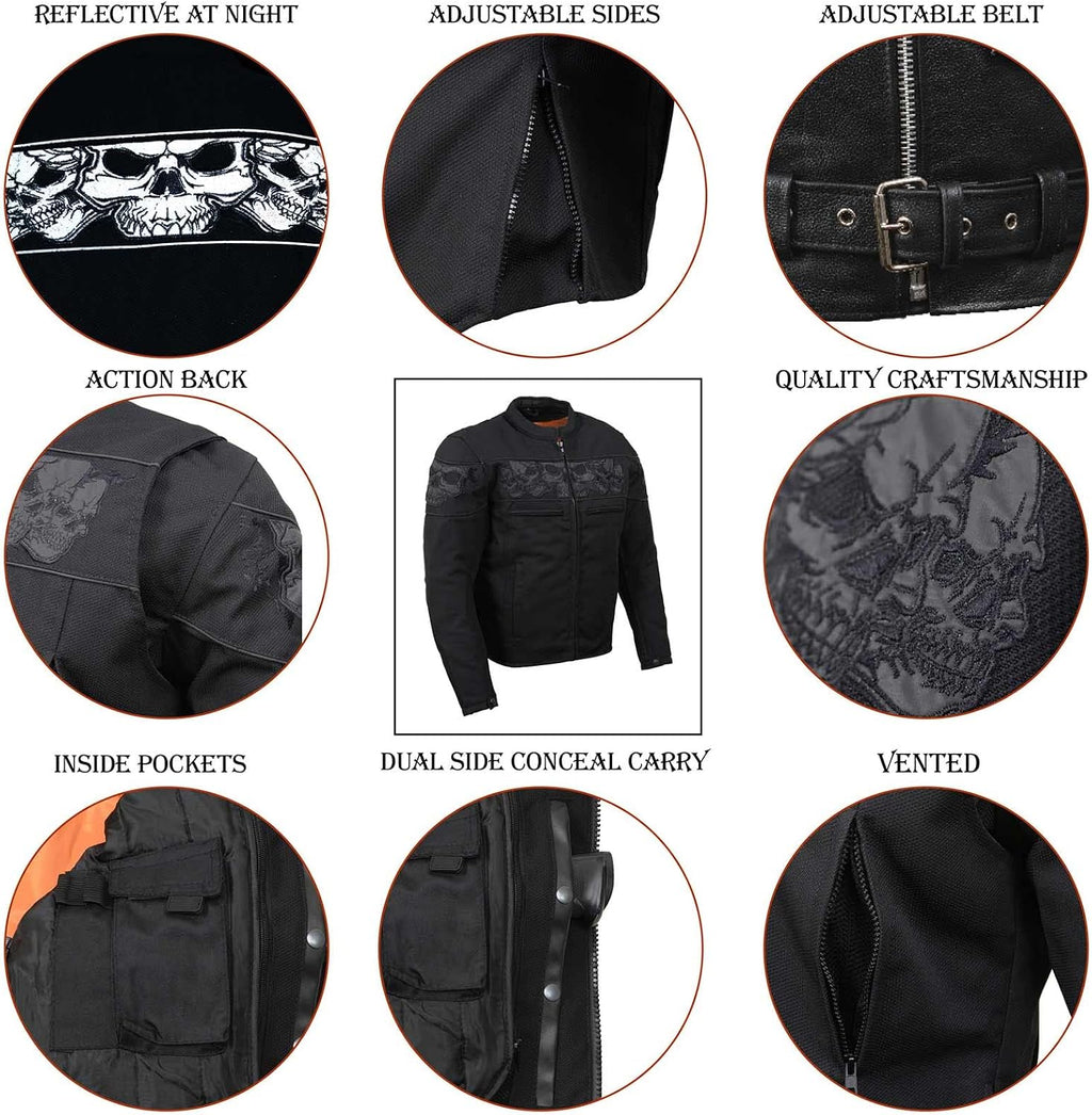 MPM1730 Men's Black Padded Textile All Season Motorcycle Jacket w/Reflective Skulls Artwork