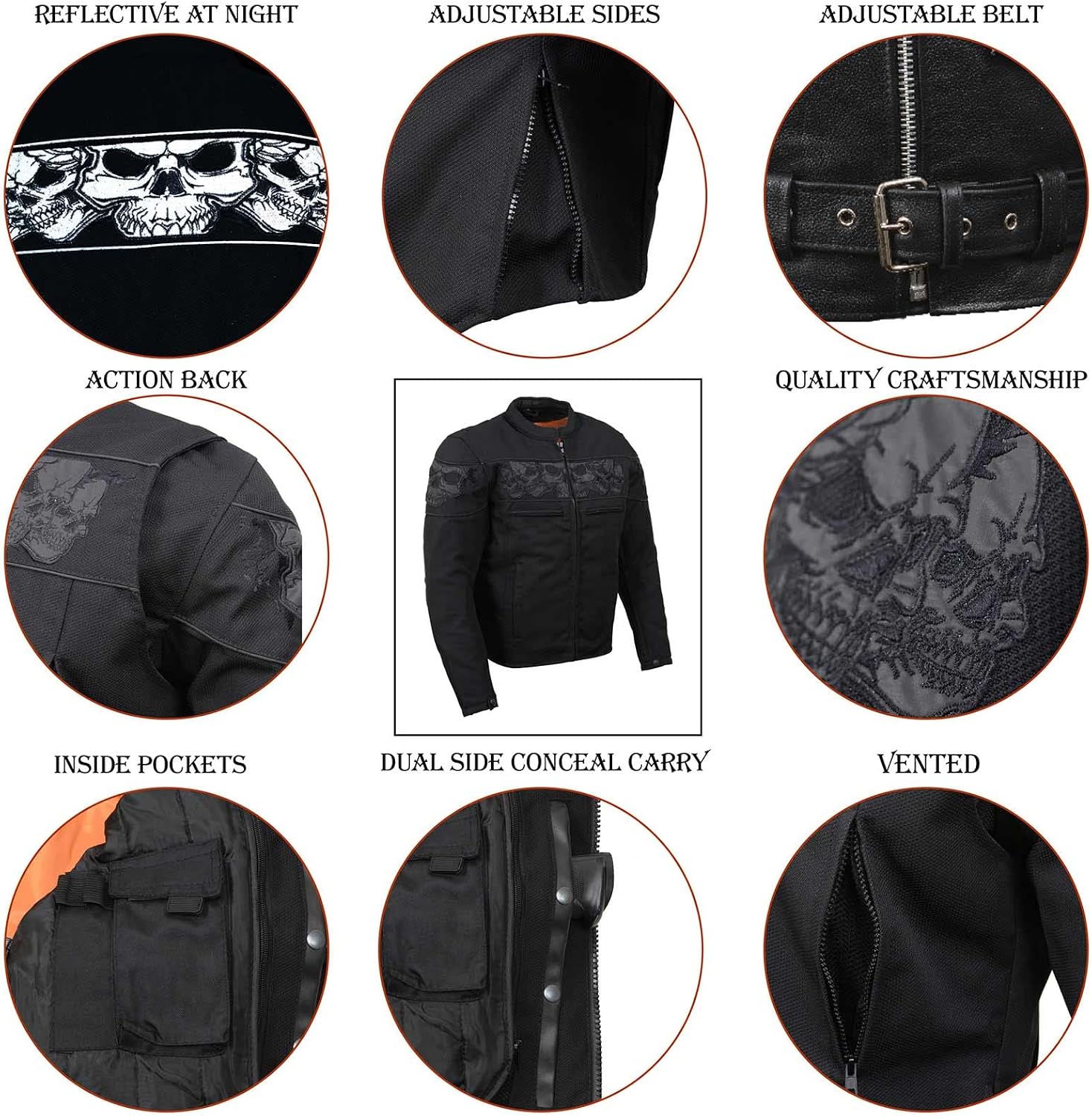 MPM1730 Men's Black Padded Textile All Season Motorcycle Jacket w/Reflective Skulls Artwork