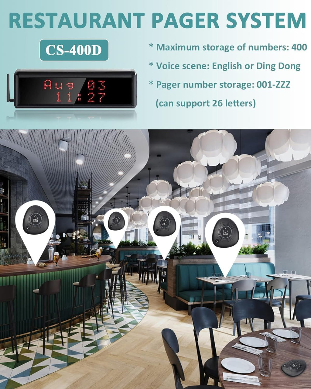 Wireless Calling System 1600+ Feet Restaurant Pager System with 15 Buttons