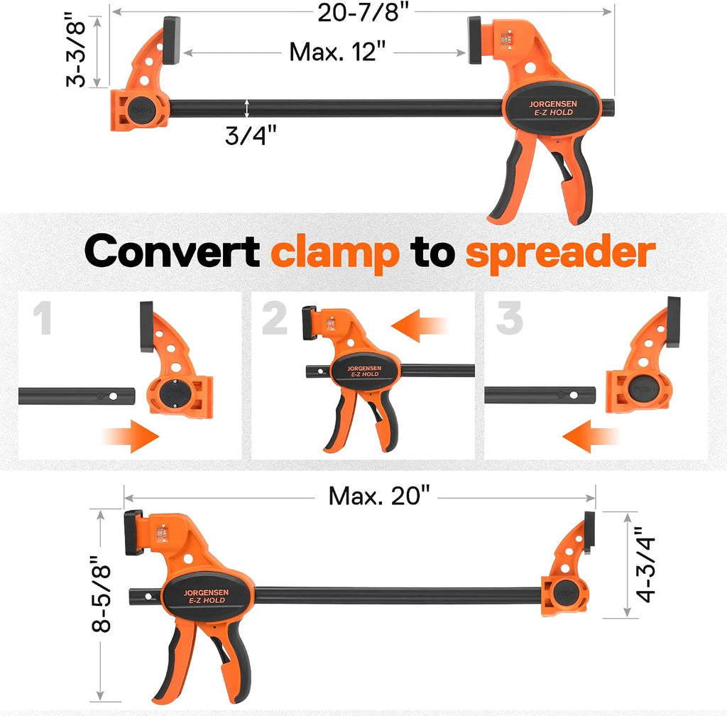 JORGENSEN E-Z Hold 2-Pack 12" 300LBS Load Indicator Woodworking Bar Clamps | Expandable Clamp/Spreader, One Handed, F