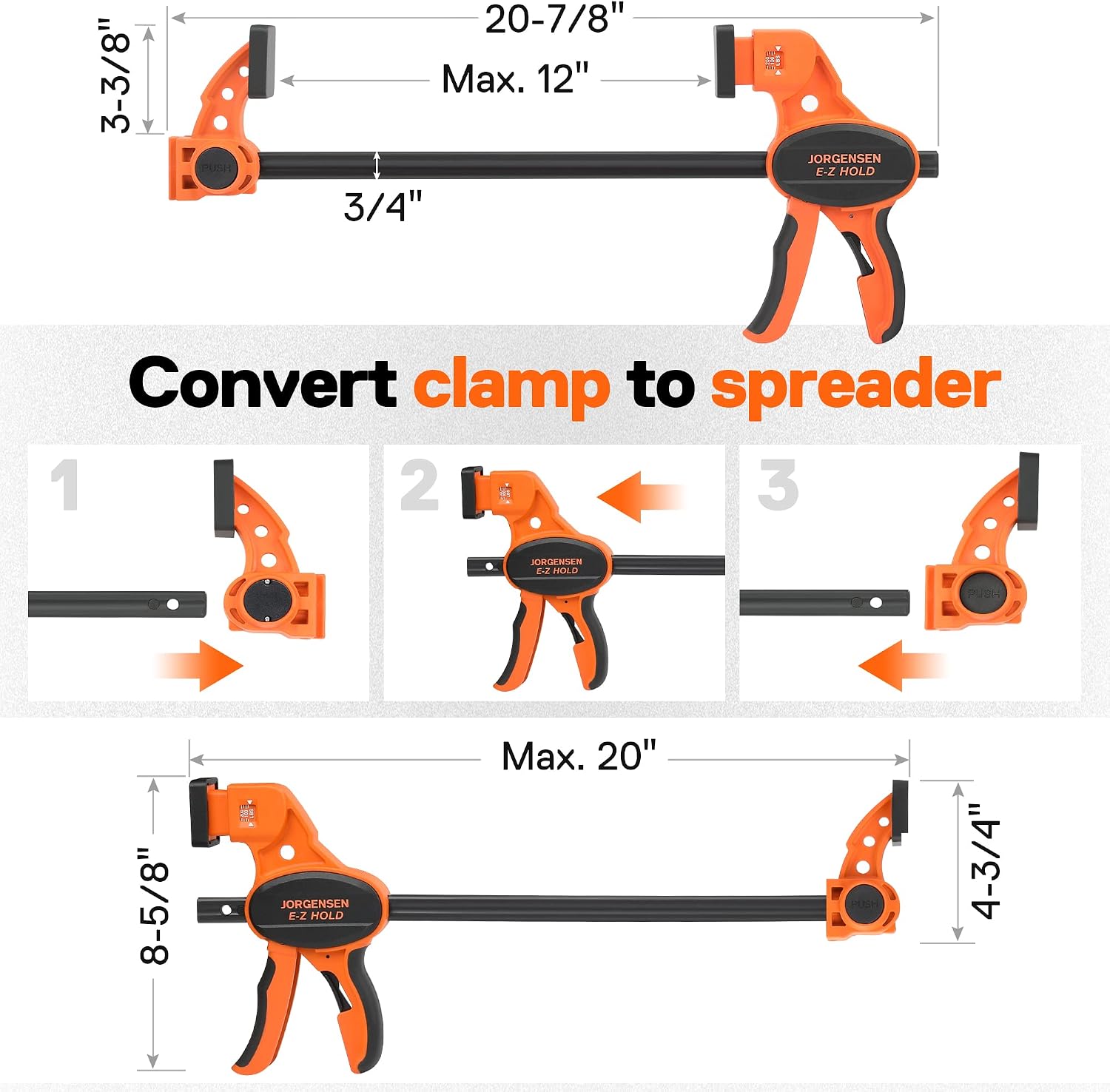 JORGENSEN E-Z Hold 2-Pack 12" 300LBS Load Indicator Woodworking Bar Clamps | Expandable Clamp/Spreader, One Handed, F